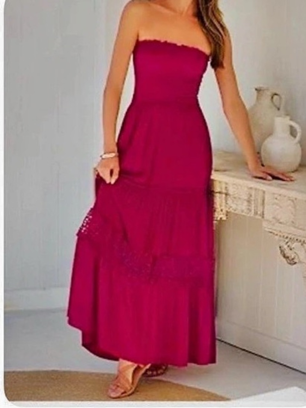 ZESICA Women's Strapless Smocked Maxi Dress in red wine